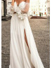 Puff Sleeve Ivory Chiffon Side Slit Wedding Dress